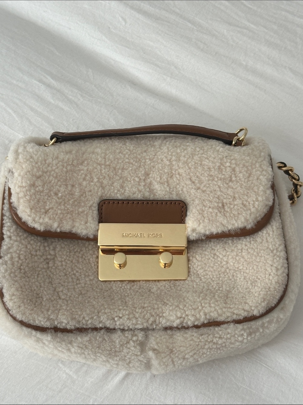 MICHAEL KORS Cream Shearling Shoulder Bag with Brown Trim and Gold Hardware